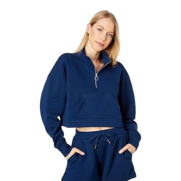WeWoreWhat 90's Slouchy Terry Cropped Navy Blue Quarter Zip Pullover Sz S NWT - Picture 6 of 10